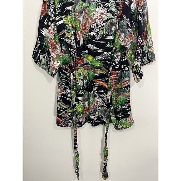 Japanese Made Washable Rayon Kimono L Artsy Maximalist Travel Scenic Boho Ukiyoe - Picture 8 of 12
